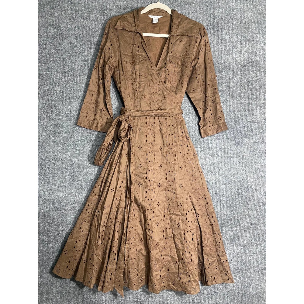 cAbi 545 Midi Dress 12 Large Brown Eyelet V-Neck A-Line Preppy